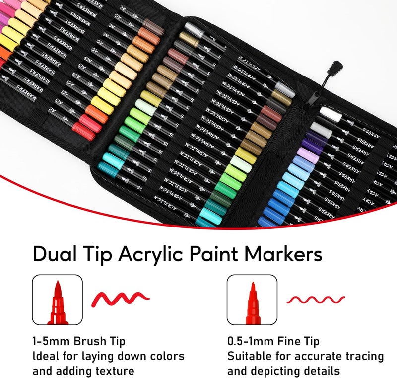 Pagather 60 Colors Acrylic Paint Markers, Dual Tip with Fine Tip and Brush Tip Pens for Stone, Wood, Calligraphy, Canvas, Ceramic, Metal, Glass, Rock Painting, DIY Crafts Art Supplies Kit - Image 2